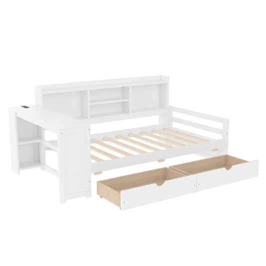 Twin Size Corner Daybed With Storage Drawers & Desk & Charging Port & Bookcase Of White Color