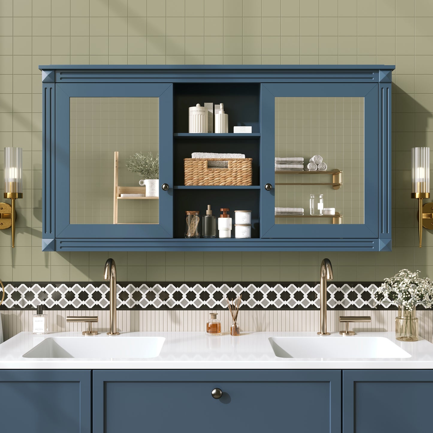 55 Inch Wall-Mount 2-in-1 Mirror Cabinet With Adjustable Shelves, Soft-Closing Hinges, High-Definition Mirrors, For Bathroom Vanity, Living Room, Bedroom Storage Organizer