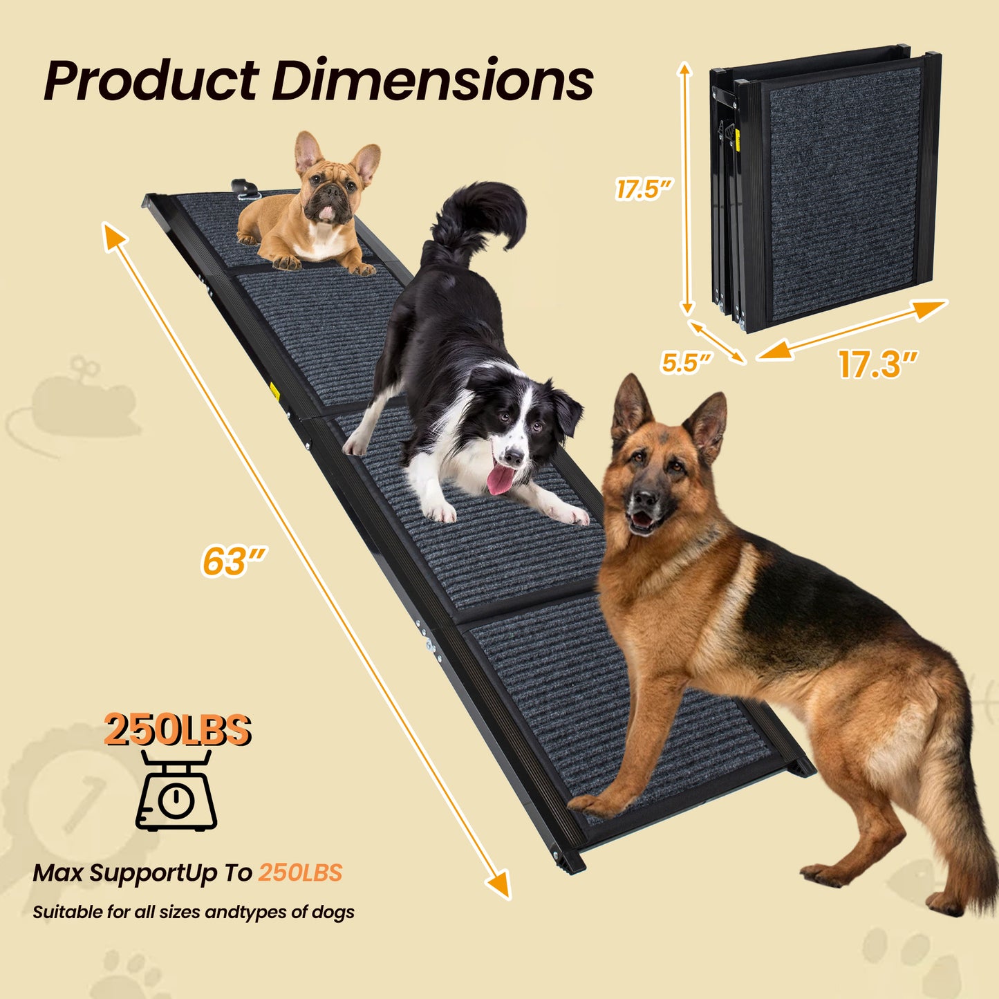 Folding Dog Ramp For Cars, 63  Long & 17.3  Wide Portable Dog Ramps For Large Dogs With Non-Slip Rug Surface Dog Car Ramp For SUV Car & Truck, Supports Up To 250 Lbs