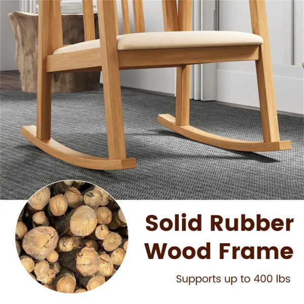 Solid Rubber Wood Rocking Chair, 400 LBS Weight Capacity Indoor Lounge Chair With Linen Cushion-Natural