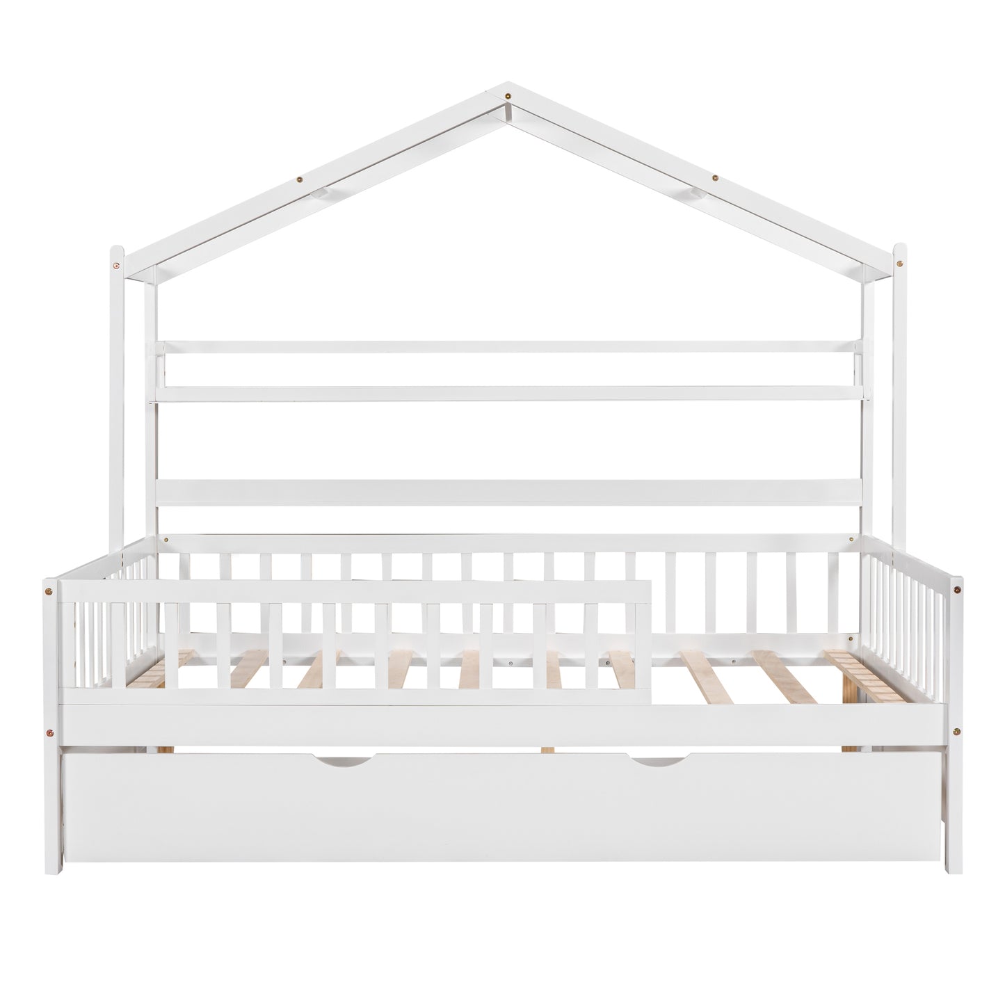 Wooden Full Size House Bed With Twin Size Trundle,Kids Bed With Shelf, White Old