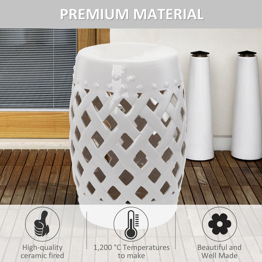 13" X 18" Ceramic Garden Stool With Woven Lattice Design & Glazed Strong Materials Decorative Outdoor Stool, White