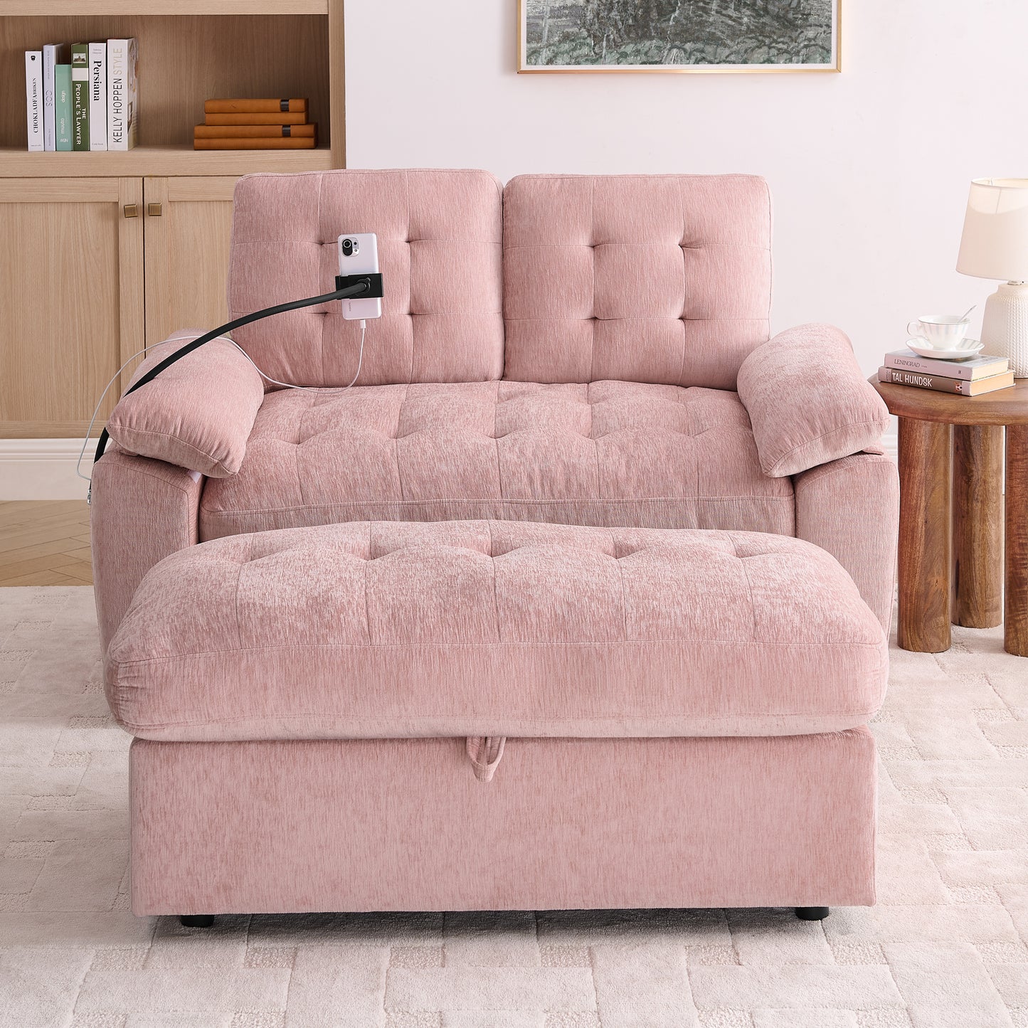 Leisure Sofa Chair,Double Sofa Recliner, With Manually Adjustable Backrest, Soft Padded Armrests, Side USB Charging Port And Phone Stand, Comes With A Matching Storage Ottoman-Pink