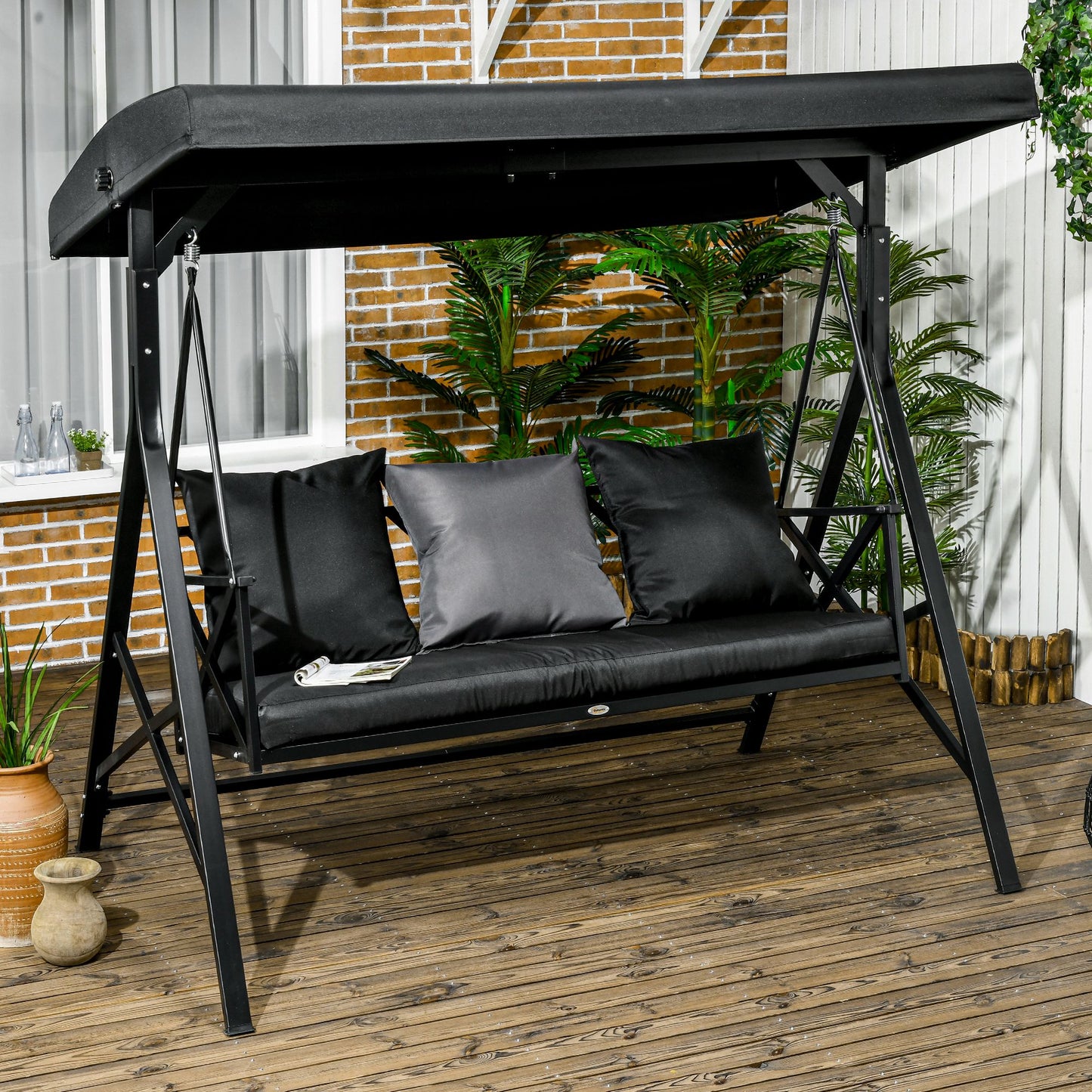 3-Seat Patio Swing Chair, Porch Swing Glider With Cushion, 3 Throw Pillows & Adjustable Canopy For Porch, Garden, Poolside, Backyard, Black
