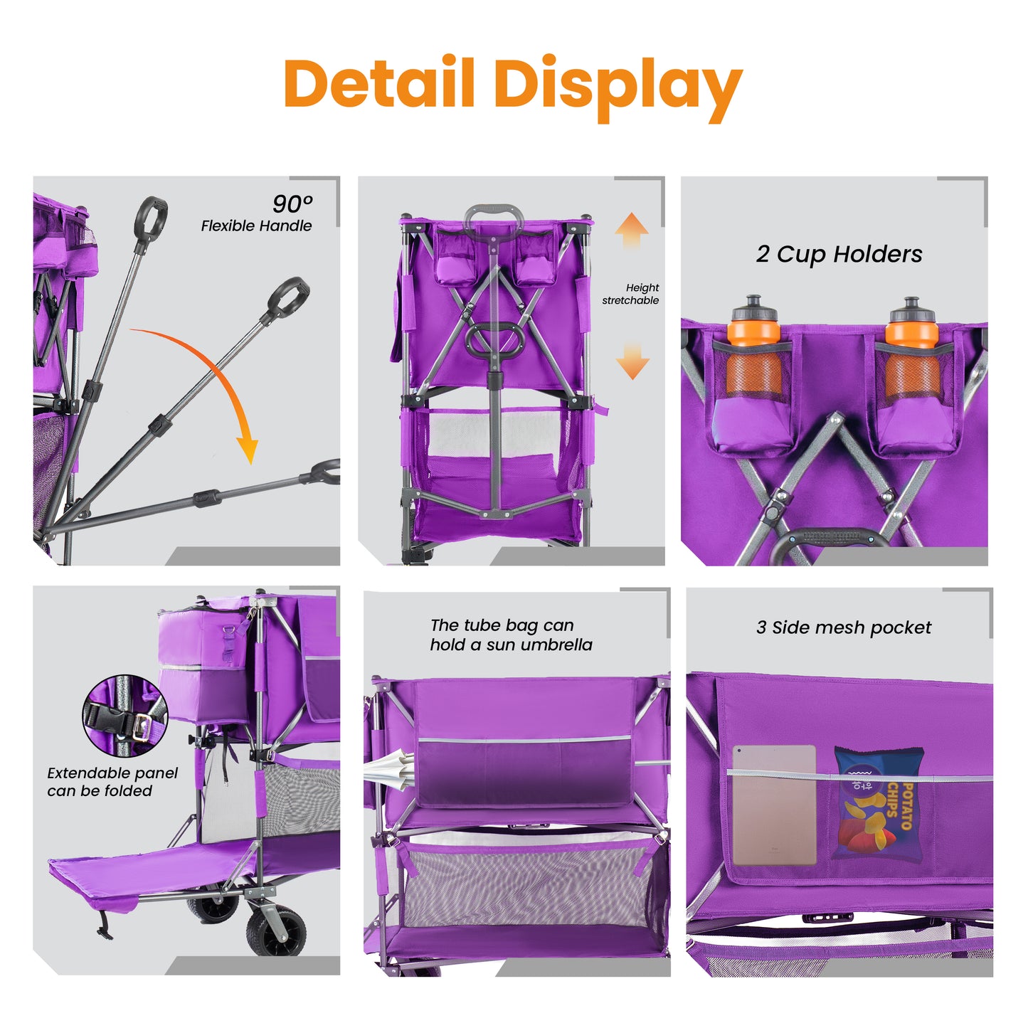 55  Heavy Duty Double- Layer Wagon With Brakes 560LBS Double Decker Wagon  650L Collapsible Wagons Carts With 7 X4 All- Terrain Wheels For Sports Camping Fishing Transport  Purple