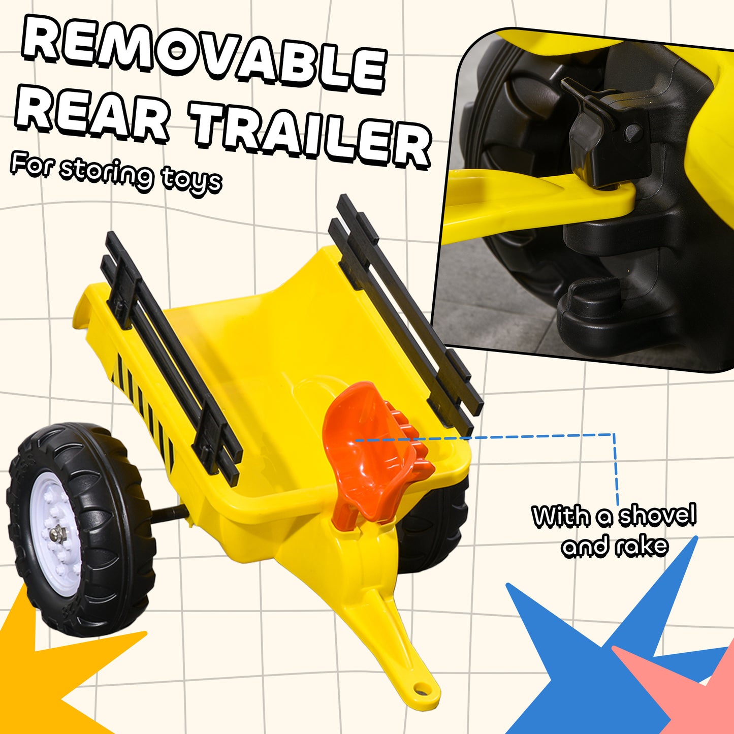 Kids Ride On Tractor With Back Trailer, Shovel & Rake, Horn, Pedal Go Kart For 3 Years Old, Yellow