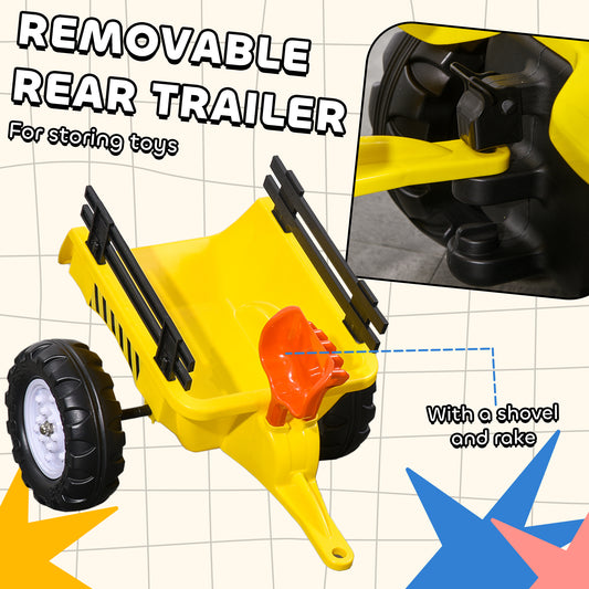 Kids Ride On Tractor With Back Trailer, Shovel & Rake, Horn, Pedal Go Kart For 3 Years Old, Yellow