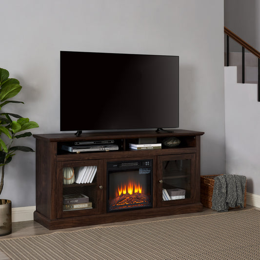 Contemporary TV Media Stand Modern Entertainment Console With 18  Fireplace Insert For TV Up To 65  With Open And Closed Storage Space, Brown, 60 Wx15.75 Dx29 H