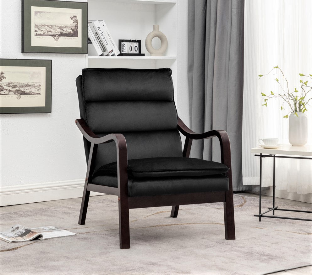 Mid-Century Modern Black Accent Chair With Wood Armrest, Upholstered Reading Chair For Living Room Bedroom