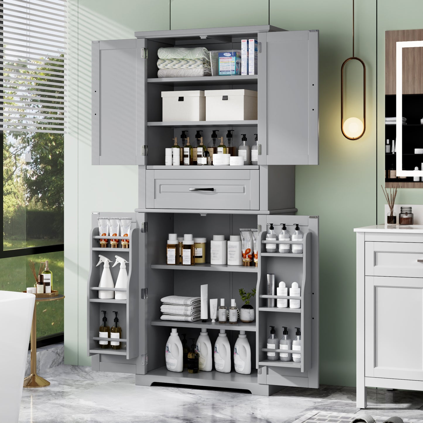 Video  Bathroom Storage Cabinet With Multi-Functional Storage Space, Drawer With Slide Rails, Adjustable Shelf, Grey
