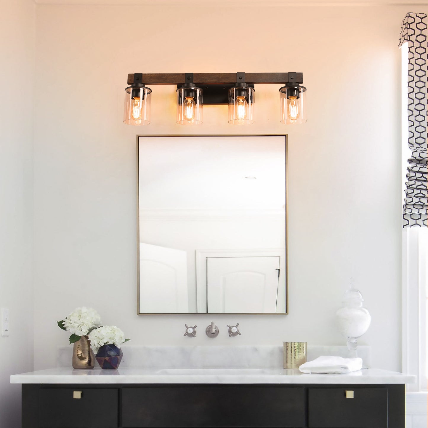 27in  Rustic 4-Light Vanity Light, Industrial Bathroom Wall Sconce With Glass Shades And Wood Accent, Modern Farmhouse Lighting Fixture  No Bulbs