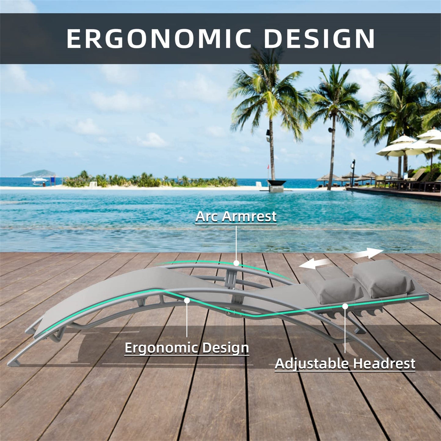 Pool Lounge Chairs Set Of 3, Adjustable Aluminum Outdoor Chaise Lounge Chairs With Metal Side Table, All Weather For Deck Lawn Poolside   Grey,2 Lounge Chairs 1 Table