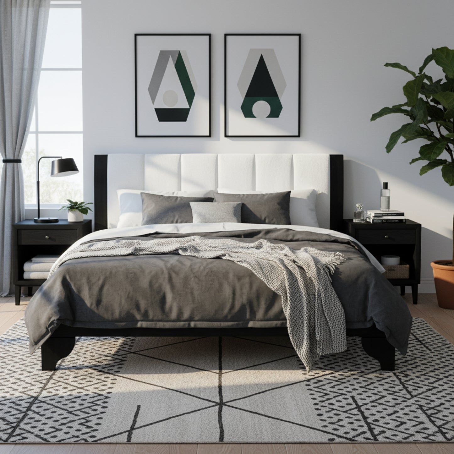 King Size Bed Frame Black White Pine Manufactured Wood 82.7x 85.2 6-8 Mattress 600 Lbs No Box Spring Modern Bedroom Furniture