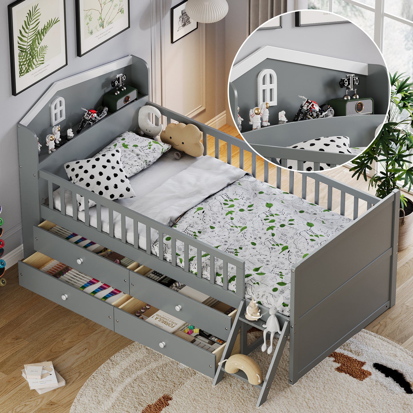 Twin Bed Frame With Storage 4 Drawers,Wooden Bed Frame For Kids,Platform Twin Size Bed With Guardrail Headboard And Ladder, No Box Spring Needed, Easy Assembly, Gray