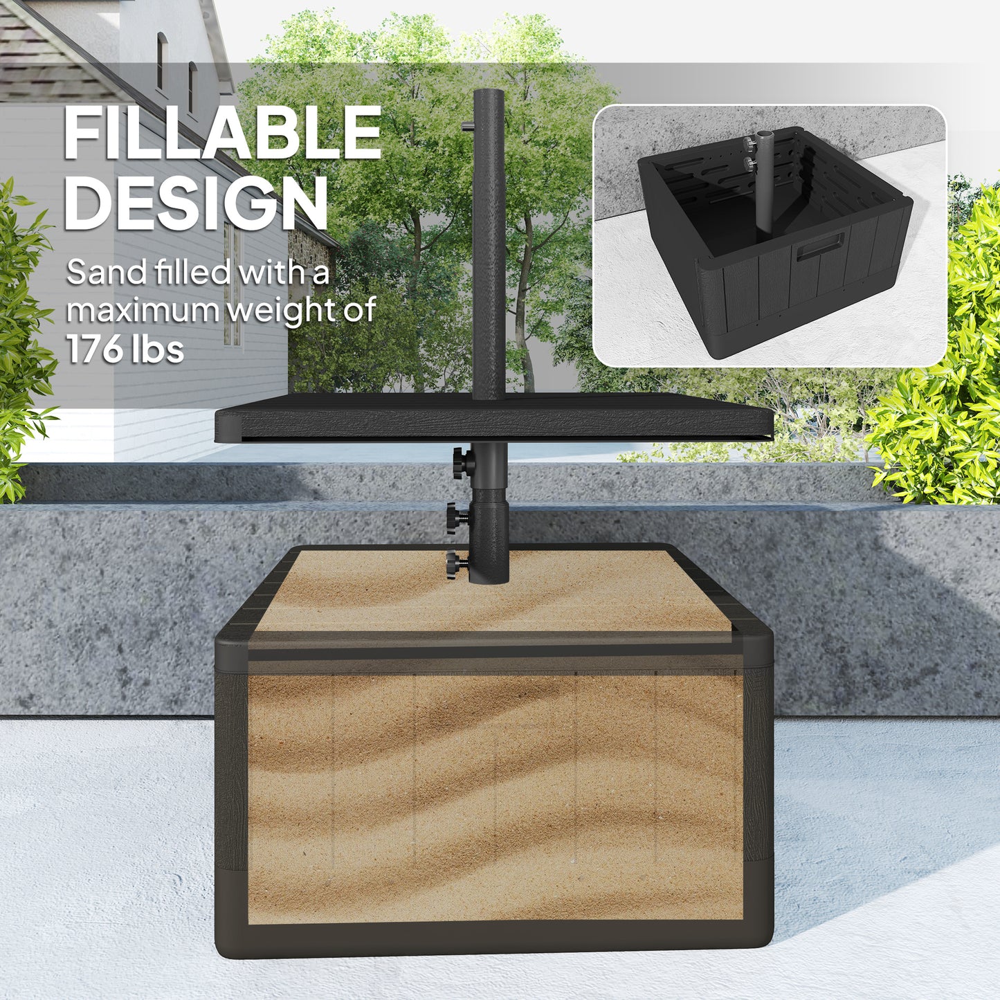 3-in-1 Outdoor Umbrella Base With Table Tray, Coffee End Table, Planter Box With Drain Hole, 175 Lbs. Capacity Heavy Duty Fillable Patio Umbrella Stand Table With Wheels And Handles, Black
