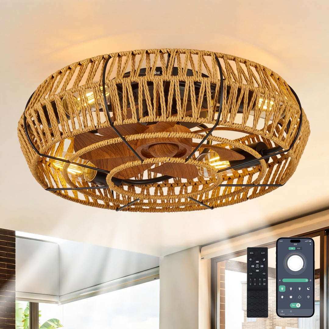 19in Caged Ceiling Fans With Lights And Remote, Boho Flush Mount Ceiling Fan With Light, Low Profile Chandelier 6 Speed Bladeless Reversible Ceiling Fan W 4 Bulbs. For Living Room Bedroom.