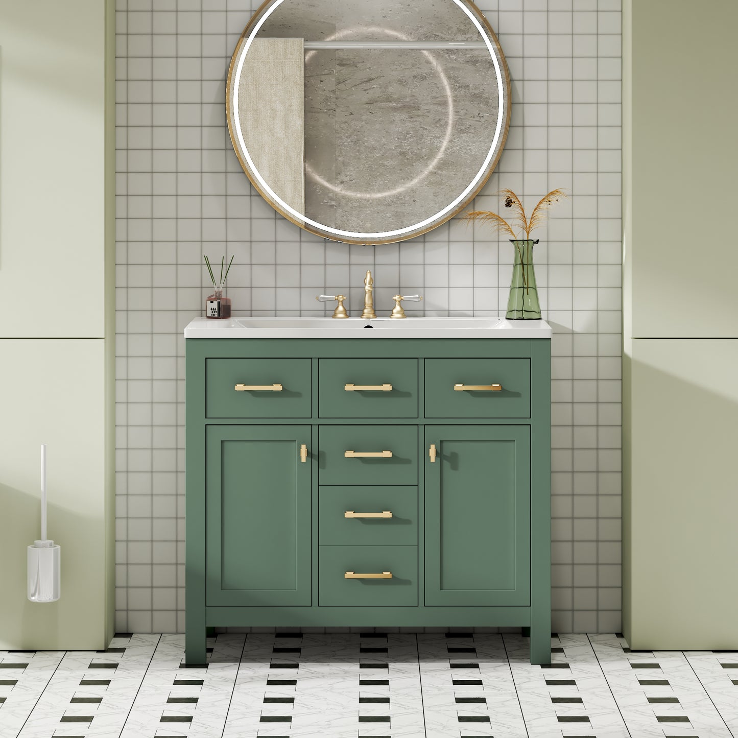 36'' Bathroom Vanity With Ceramic Sink Combo Set, Modern Freestanding Single Bathroom Cabinet With 4 Drawers & 2 Cabinets,Storage Cabinet For Bathroom, Solid Wood Frame Vanity Set, Green