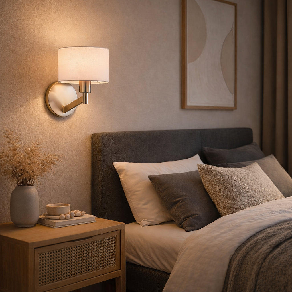 Nebula Brushed Nickel Base Wall Lamp With Rotary  White Fabric Shade