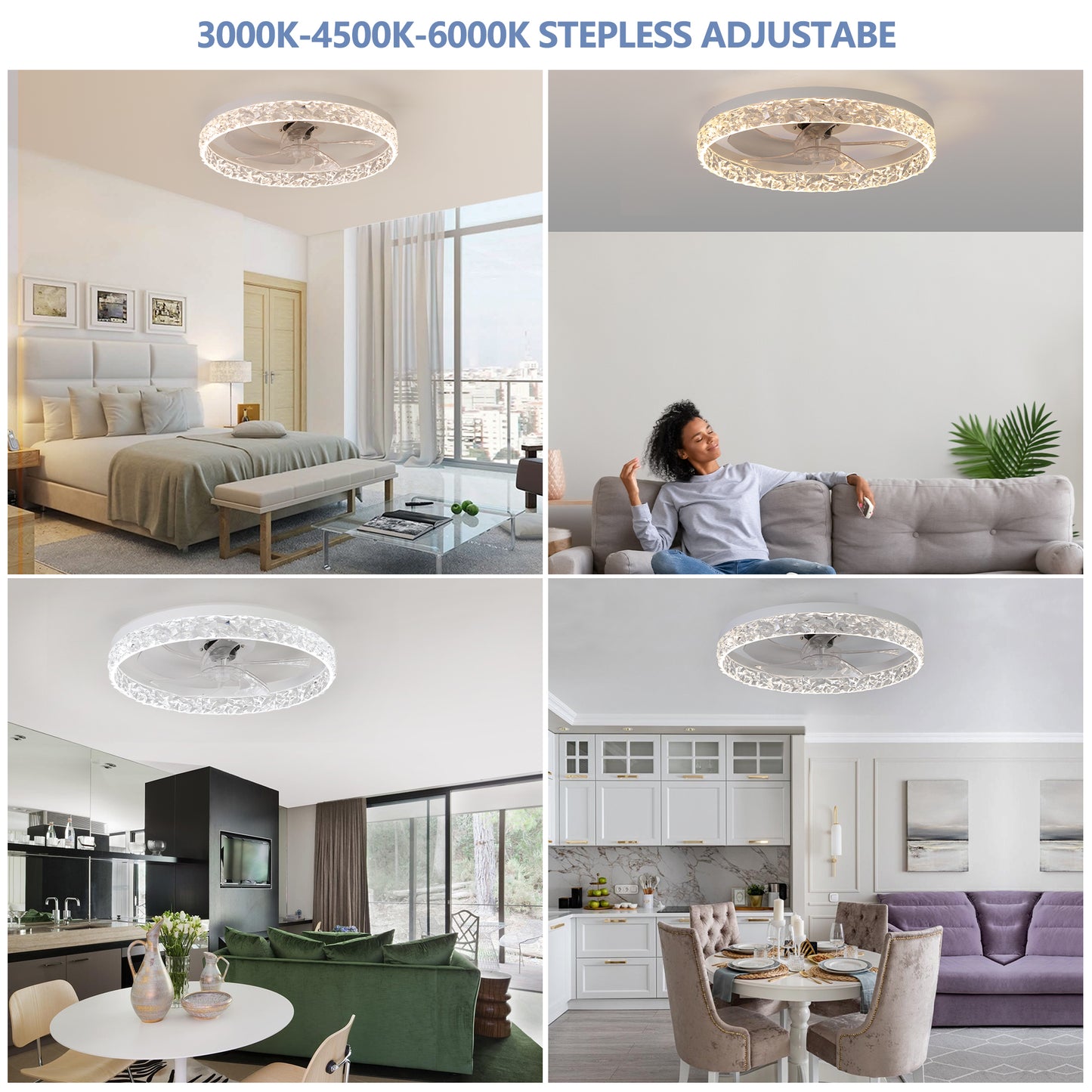 Modern Acrylic Ceiling Fan Light With Remote Control, Dimmable LED Chandelier, 6-Speed Adjustable, Quiet Motor, Flush Mount Design For Living Room, Bedroom, Dining Room