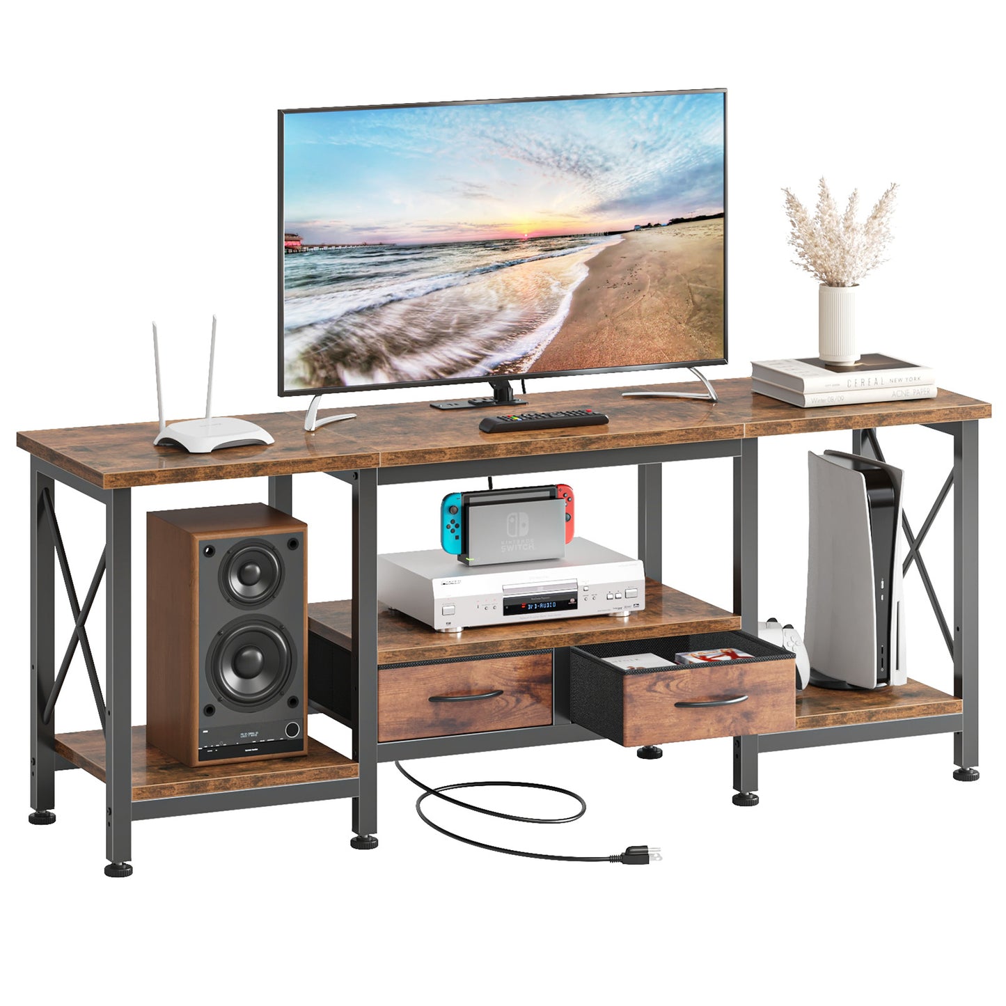 The TV Cabinet Comes With A Power Socket And Is Suitable For TVs With A Screen Size Of 75 Inches Or Less. It Features Fabric Drawers And Open Shelves.