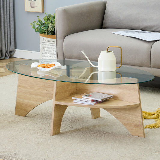 Oval Tempered Glass Coffee Table - 41.3inx23.6in Multi-Functional Design.Oval Tabletop.Natural Wood Color Diagonal Fan-shaped Tray Design Table Leg.Suitable For Dining Rooms, Living Rooms, Offices.
