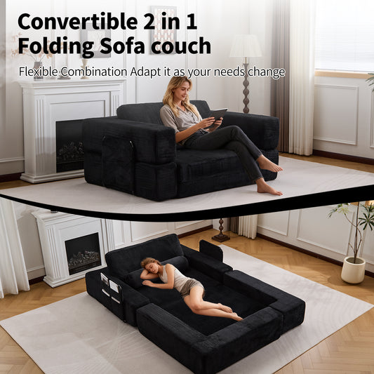 Foldable Castle Sofa Modular PlayCouchfor Living Room & Bedroom Instant Expansion Comfortable &Creative Design Furniture Seater With One Side Seat,Black.