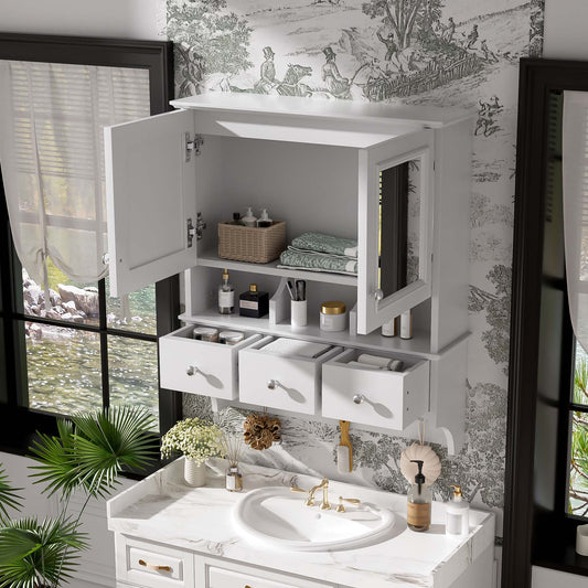 4-in-1 Bathroom Mirror Cabinet, 24-inch Wall Mounted Medicine Cabinet With Drawers & Organizer Hooks, High-Define Mirrors With Storage For Bathroom Vanity