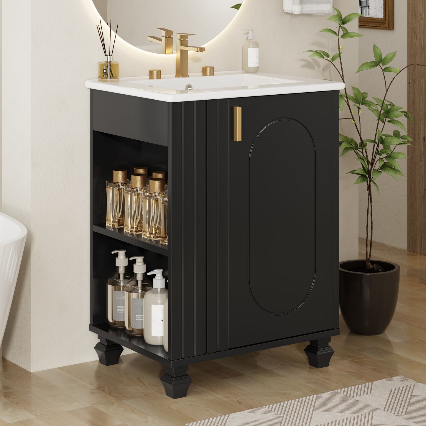 24  Bathroom Vanity With Sink, Bathroom Cabinet With Door Shelf, Side Open Storage, Solid Wood Frame,Soft Closing Door, Black