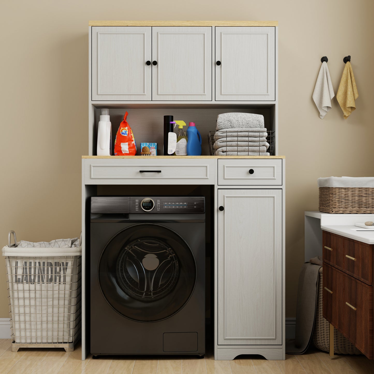 Over The Washer, Dryer And Robot Vacuum Storage Cabinet Suitable For Compact Washing Machines, Laundry Room Storage Organizer With 1 Laundry Basket, 1 Drawer And 2 Adjustable Shelves-Antique White