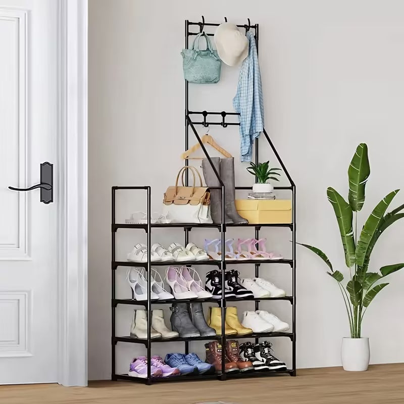 Sturdy Double-Row Coat Shoe Rack All-in-One Combo, Free-Standing Multifunctional Entryway Organizer For Bedroom, Living Room, Foyer And Mudroom