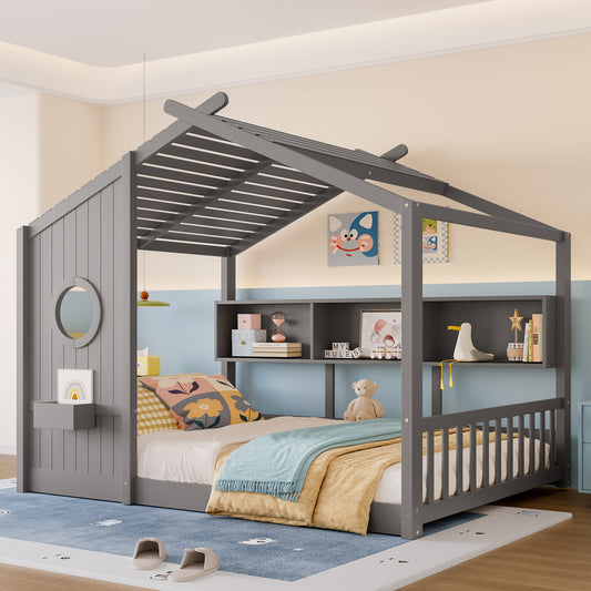 Full Size Floor House Bed For Toddler, Kids Montessori Bed  With Storage Shelf, Playhouse Bed With Roof Design, Gray