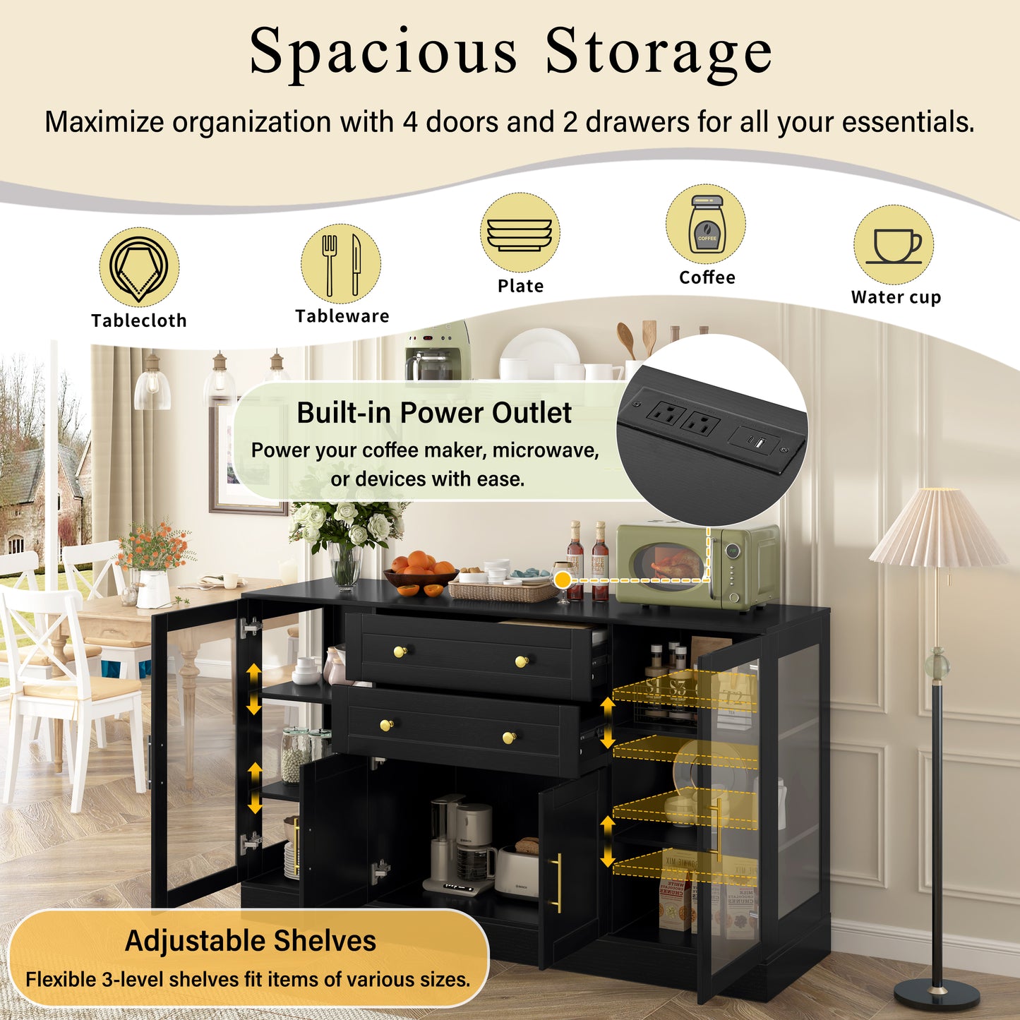U- Style 58.3  Modern Buffet Sideboard With 4 Doors & 2 Drawers  Adjustable Shelves  Power Outlet  Acrylic Panels  Aluminum Alloy Handles  Storage Cabinet For Dining Room  Living Room And Kitchen