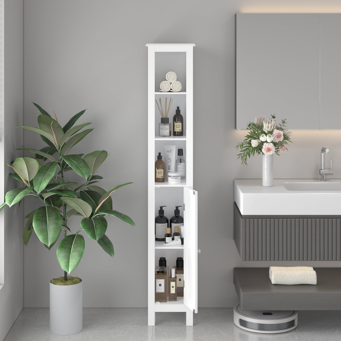 66.92 Tall Bathroom Storage Cabinet With Adjustable Shelves,Slim 1 Doors Freestanding Cabinet With Anti-Tip, Open Compartments, For Home, Small Spaces, Bathroom,Kitchen, Living Room, White
