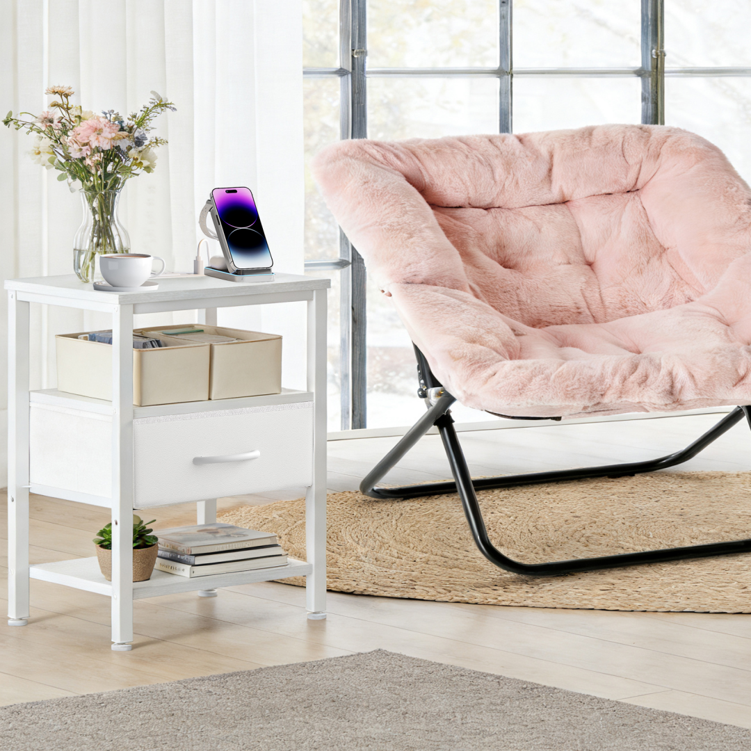 Bedside Table, With Built-in USB-C-type Port Sockets And Adjustable Drawers, 3-layer Storage Rack, And Fabric Drawers