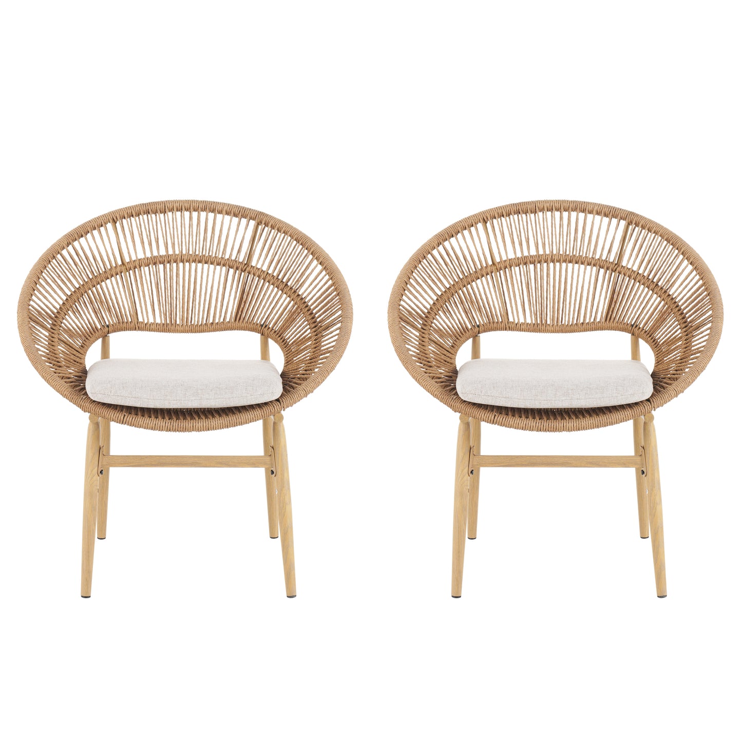 Cyril Outdoor Wicker Papasan Style Dining Chair  Teak Finished Leg And Light Brown Faux Rattan  Beige Cushion  Set Of 2