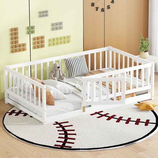 Twin Size Floor Bed With Slats, Montessori Floor Bed With Fence And Door, Kids Montessori Bed Twin Size, Wood Montessori Floor Bed For Kids, Girls, BoysTwin White