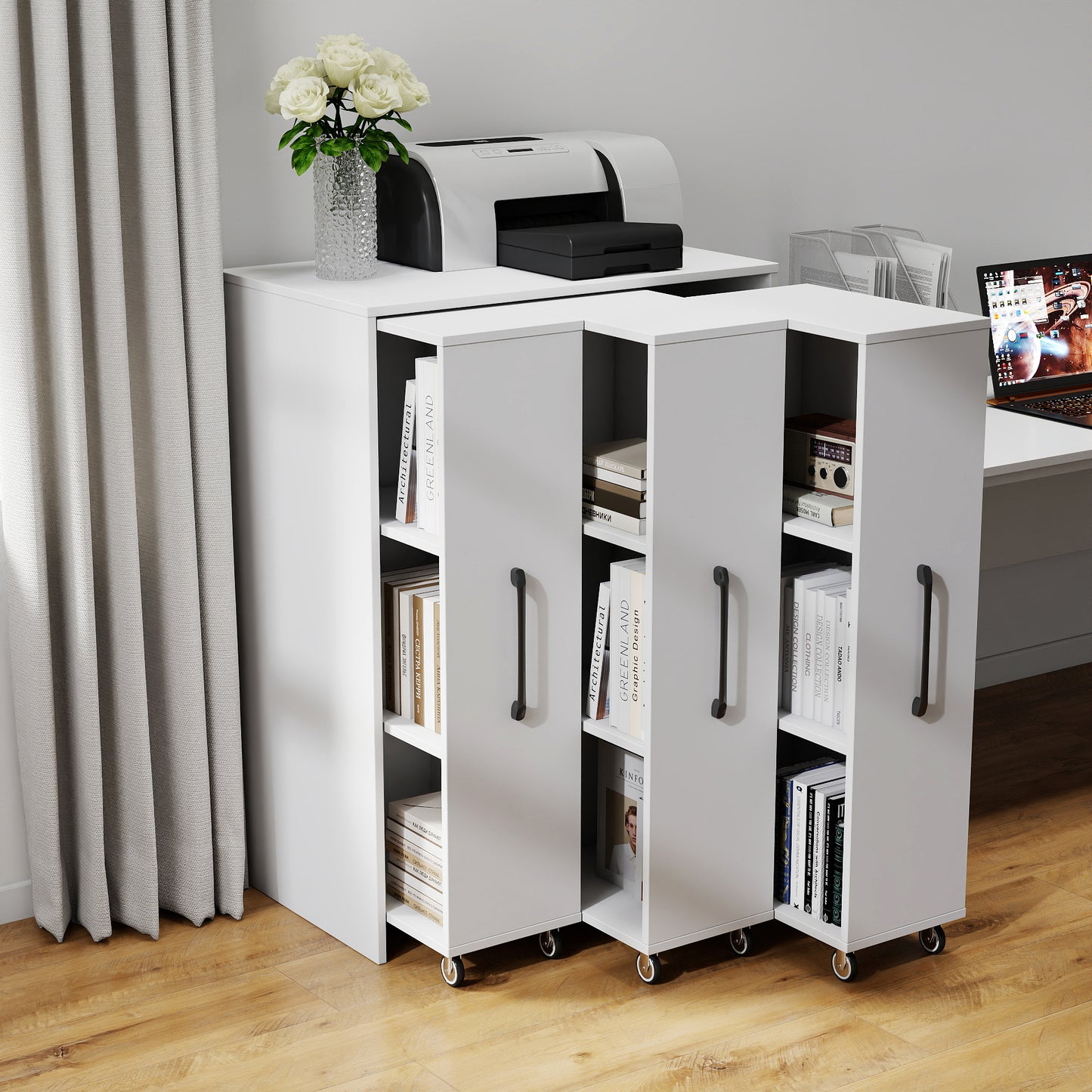 Bookcase With Three Pulled Out Doors Shelving Cabinet,3 Tier Floor Standing Bookcase,Slide Out Storage Bookcase File Cabinet,Office Bedroom Living Room Hidden Storage Cabinet With Wheels