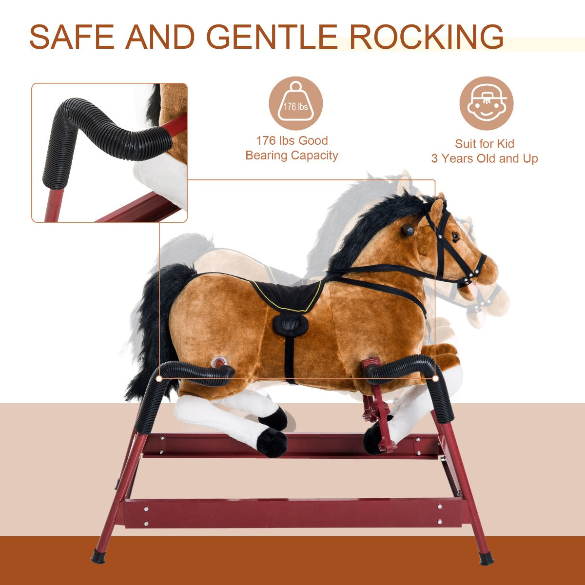 Durable Kids Plush Spring Rocking Horse, Ride On Rocking Horse With Realistic Sounds, Brown