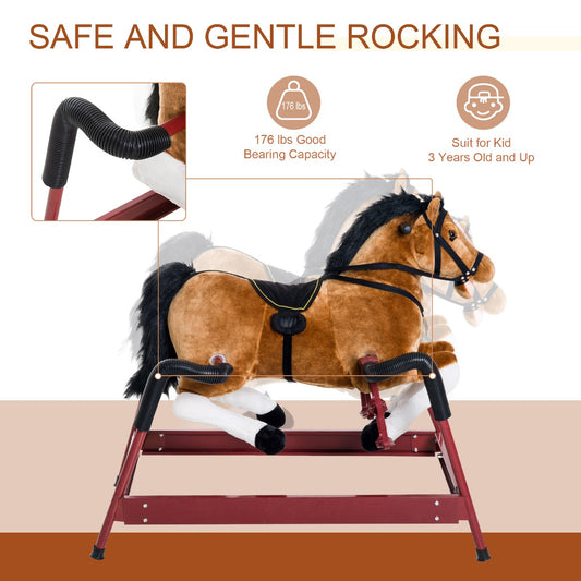 Durable Kids Plush Spring Rocking Horse, Ride On Rocking Horse With Realistic Sounds, Brown