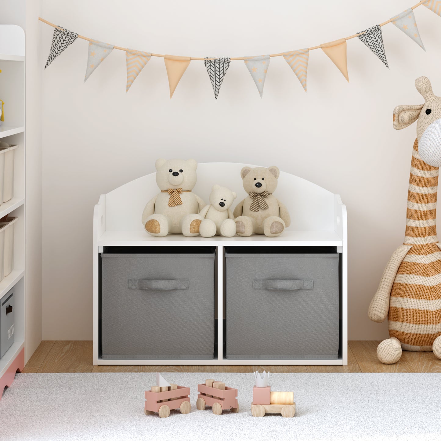 Kids Wooden Toy Box Bench With Collapsible Fabric Drawers,Toy Storage Cabinet Organizer, White