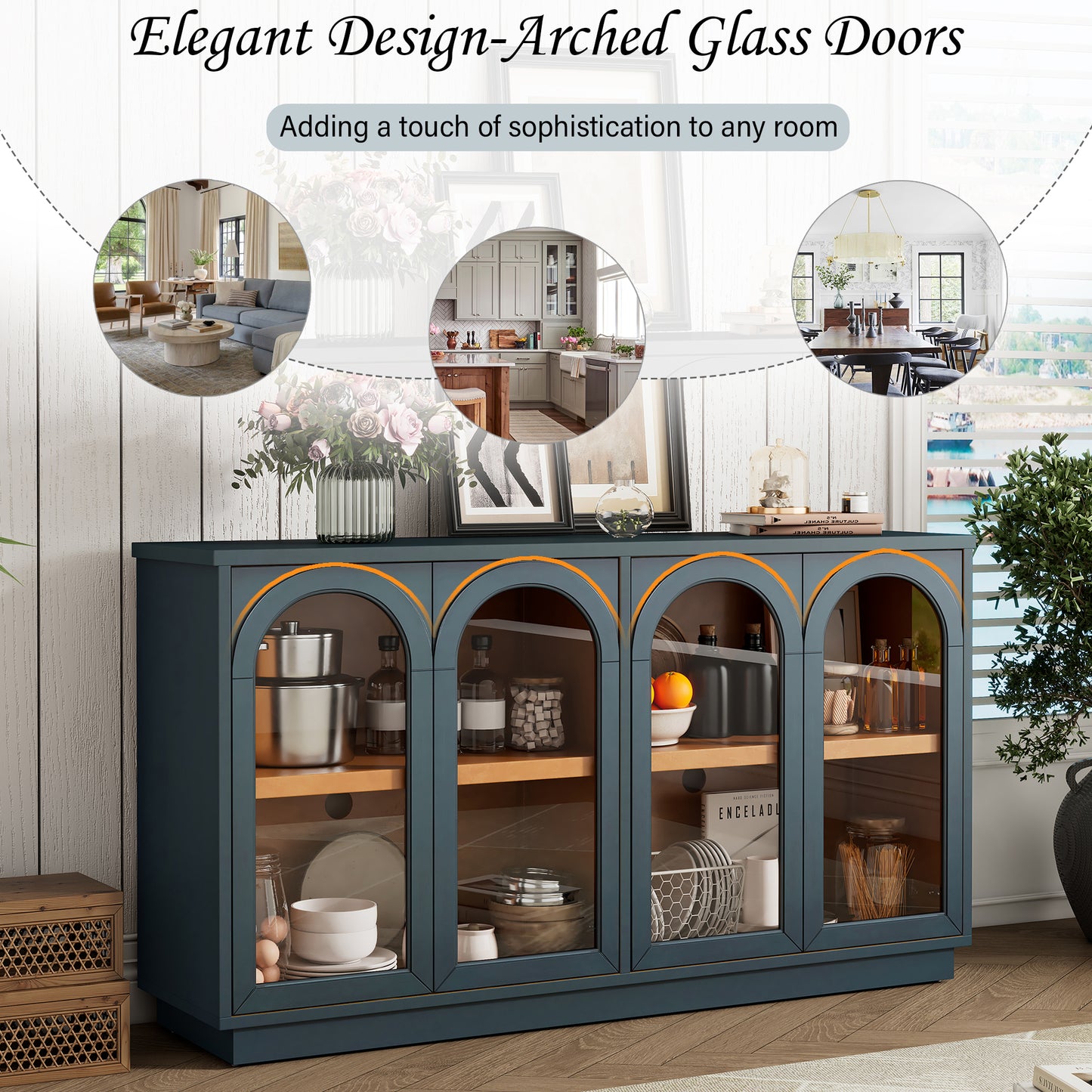 TREXM 4-Door Large Storage Buffet Cabinet With Glass Doors  Arched Cabinet With Adjustable Shelves For Kitchen  Dining Room And Living Room  Navy