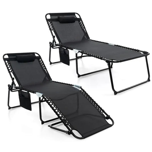 Oversized Patio Chaise Lounge, 27 Wide 4-Position Adjustable Backrest Folding Tanning Chair-Black