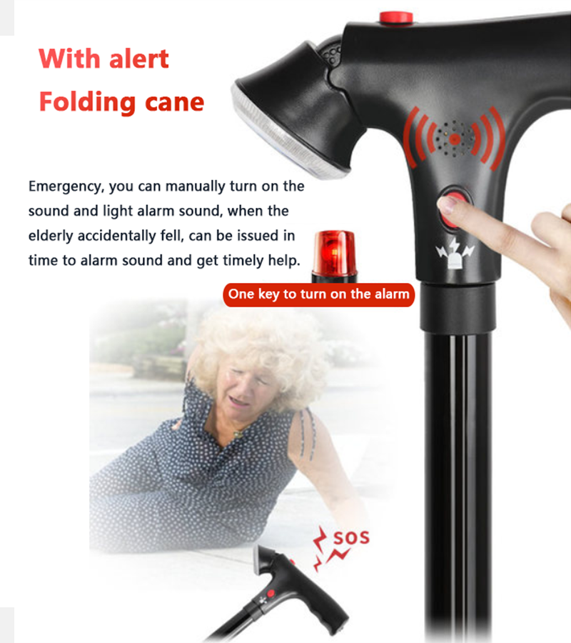Adjustable Walking Stick Cane With LED Flashlight SOS Alarm Button For Senior Travel Hiking Trekking Pole Folding Crutch Handle Strap 5 Gears