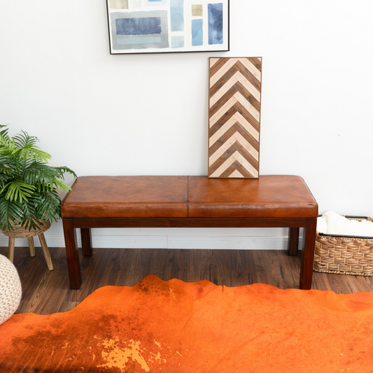 Austin Antique Tan Leather Bench With Lines