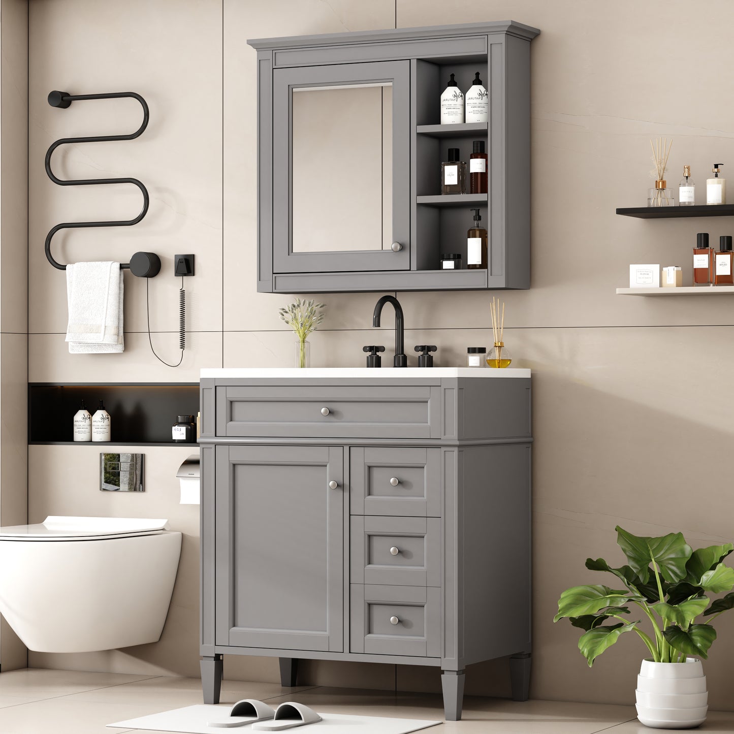 30   Bathroom Vanity With Top Sink, Modern Bathroom Storage Cabinet With 2 Drawers And A Tip-out Drawer, Freestanding Vanity Set With Mirror Cabinet, Single Sink Bathroom Vanity