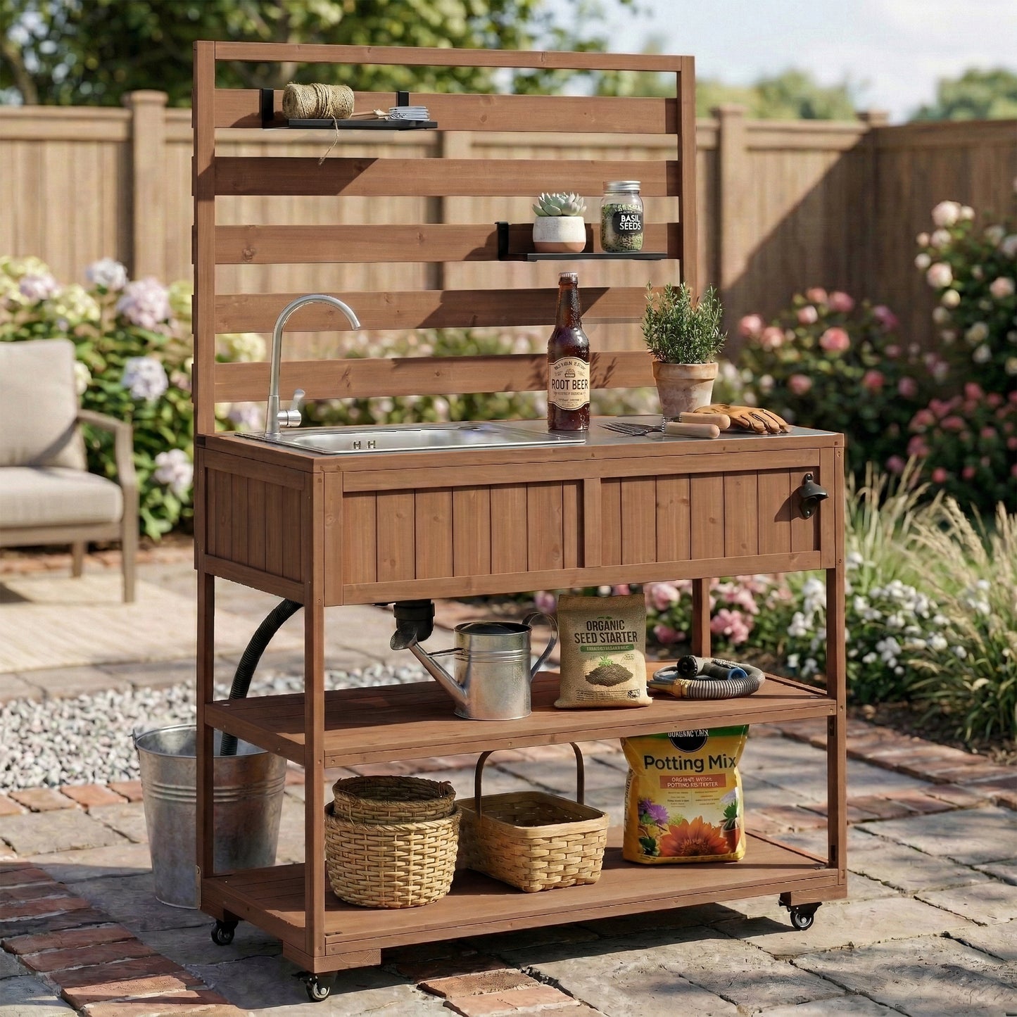 With Assembly Video  TOPMAx 41.7  Large Patio Rolling Kitchen Island Solid Wood Kitchen Cart With Sink  Garden Potting Bench With Stainless Table Top  2 Movable Shelves And 1 Bottle Opener Brown