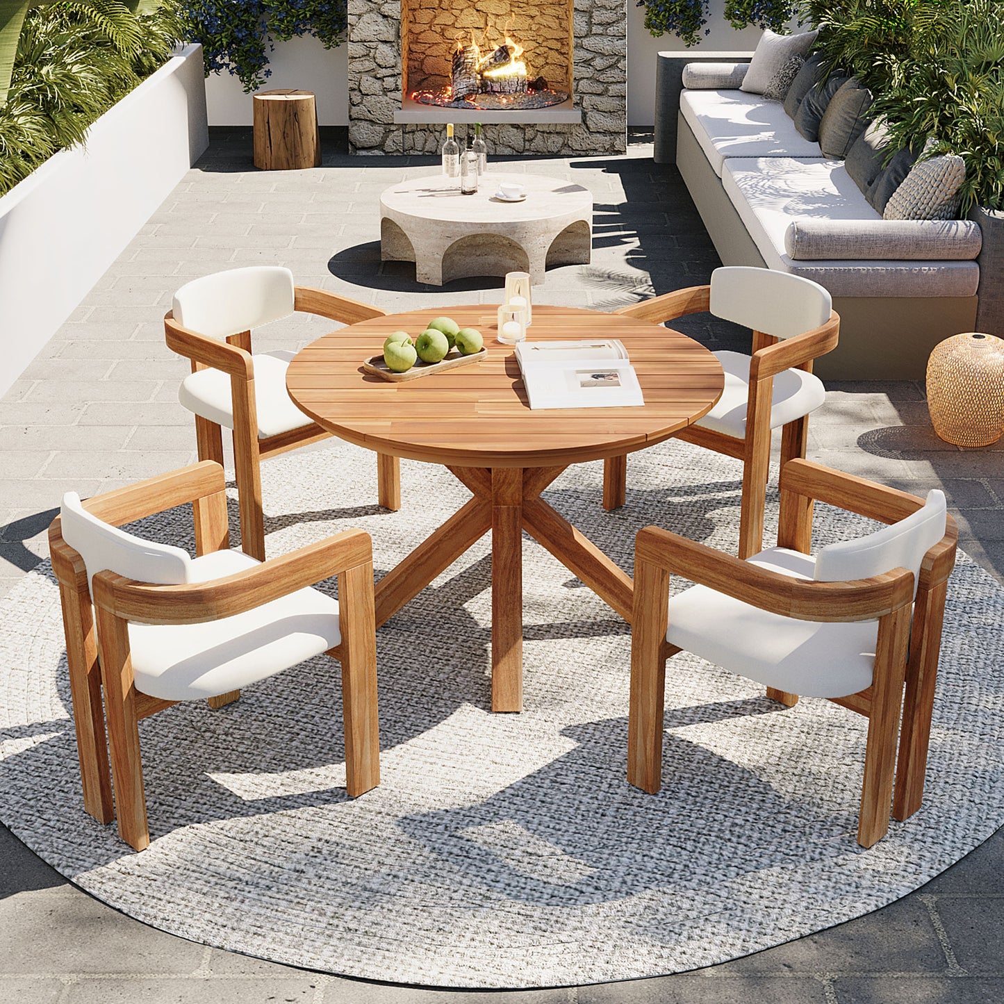 5-Piece Outdoor Acacia Wood Round Dining Set, Solid Wood Patio Table With 4 Barrel Chairs, Cushioned Seats & Backs, Modern Garden Conversation Set, Beige Cushion