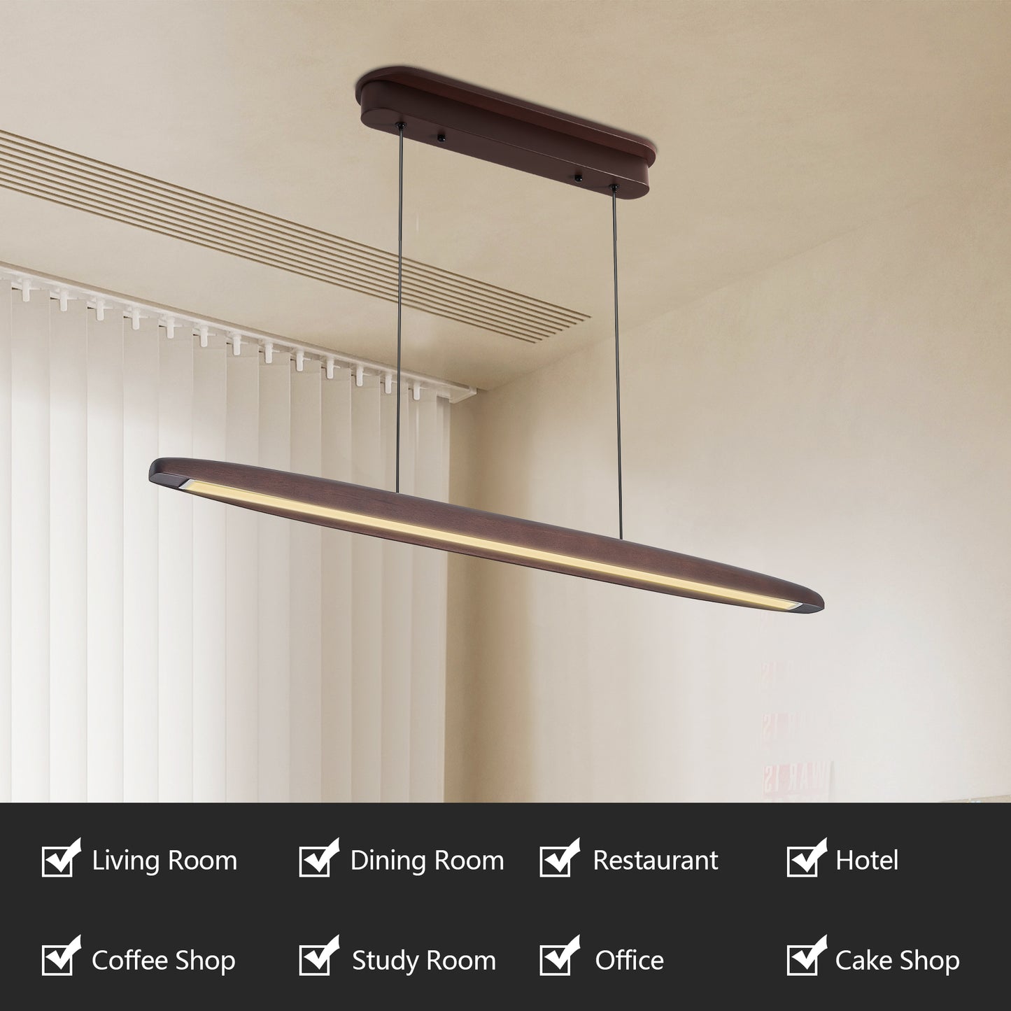 51-inch Streamline Wooden LED Pendant Light With Remote Control, Adjustable Hanging Light For Dining Room, Kitchen, Living Room  Contemporary Walnut Wood Finish