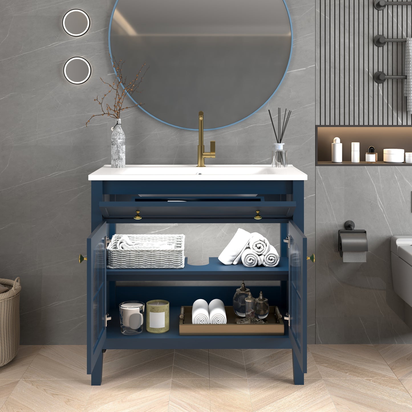 35.6  Mid-Century Bathroom Vanity Sink With Patterned Glass & Motion-sensor Light Strip, Farmhouse Freestanding Bathroom Vanity Sink With Storage, High-end Restroom Vanity Cabinet,Blue