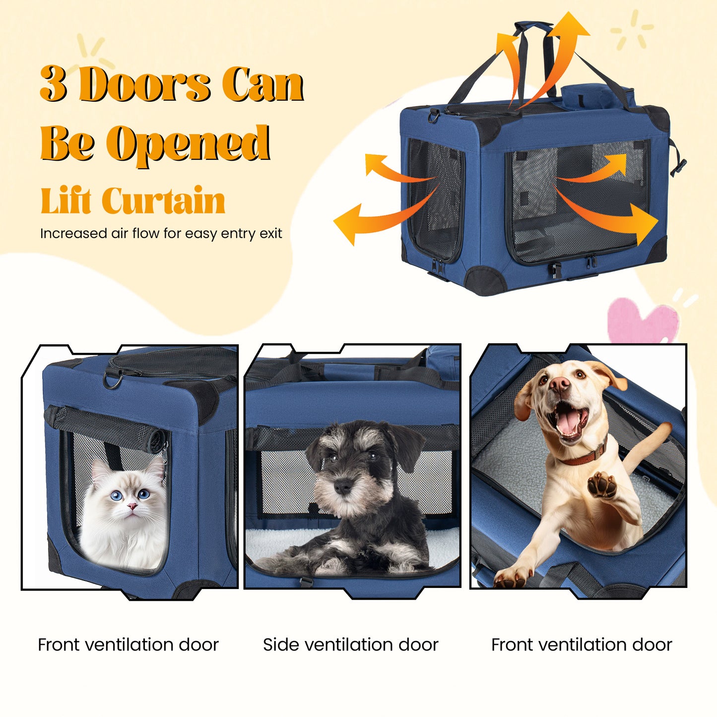 32   Soft Dog Crates Kennel, 3-Door Portable Folding Pet Carrier With Mesh Windows, Straps And Fleece Mat For Dogs, Cats, Rabbits, Meeting The Needs For Indoor, Outdoor, And Travel Use, Dark Blue